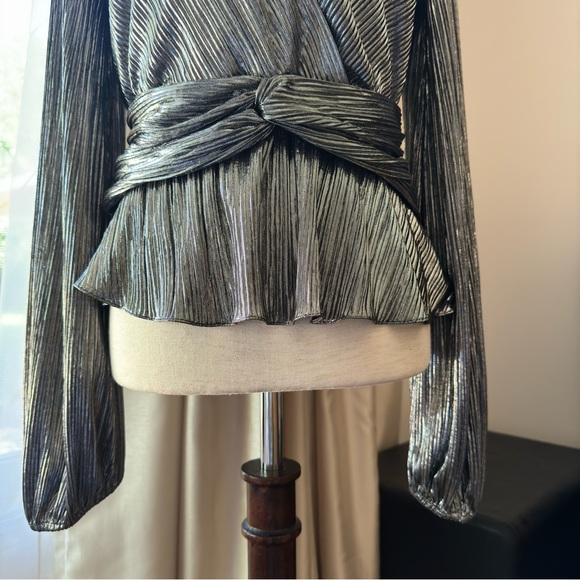 ML Monique Lhuillier Metallic Blouse Silver Small - Picture 7 of 15